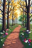 Placeholder: pixelated trees on a pixelated path with pixelated primroses, peonies, and pansies; symbolism; color palette of #dea119; #d3ed00; #85c124; #d2c42c; #dea119; #641924; #f9482e; #fae3df