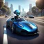 Placeholder: Magnetic blue cartoon alien driving a shiny black open sports car on a san fransisco road, character portrait by Mike Winkleman, featured in cgsociety, pop surrealism, rendered in cinema4d, daz3d, behance hd