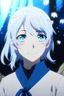 Placeholder: An anime girl with white hair and very white skin, wearing a blue, wide-sleeved dress she looks liké gojo satoru
