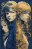 Placeholder: poster in two gradually, one girl illustration by <Yoji Shinkawa> and one girl illustration by <John Kenn Mortensen>, darkblue and gold tones,