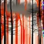 Placeholder: Glitch in the Matrix silhouette of tall dark trees, black, gray colors, surreal, foggy, mesh, lacy pattern, red-gray-orange background, painted, melting, dreamlike scene, blurred with wet ink, masterpiece