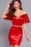 Placeholder: young, beautiful Ozbek brunette with a perfect happy face with make up, wearing red off shoulder dress, in a dance club, hands on her hips