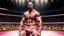 Placeholder: Highly detailed wide shot of Dwayne Johnson posing in a boxing ring, realistic, muscles, buff, flexing, pink skirt, eyebrows, large crowd