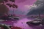 Placeholder: A dark pink violet swamp with rocks designed in Australian aboriginal art painted by Ivan Aivazovsky