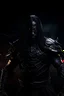 Placeholder: creates a highly detailed image of a black masked man with black bone armor, long black hair, panoramic view with a giant black hole, dynamic pose, fully controlled, looks strange, cinematic beauty, realistically presented in an ancient graphic style, set in darkness and evil around the world. High quality 48k black armor background.