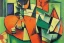 Placeholder: Cubist painting of a cat sitting on a green table