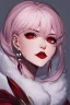 Placeholder: Minimalistic portrait of a beautiful woman with red lips and cold big eyes wearing earrings, a light pink fur coat in a haute couture style isolated on a dark background, cinematic lighting, ultra-realistic, shot in the style of hasselblad