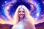 Placeholder: very beautiful cosmic women with white long hair, smiling, with cosmic dress and in the background there is a bautiful sky with stars and light beam