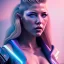 Placeholder: Katheryn Winnick, hyper realistic, cyberpunk style, shaved hair, latex, gradient color, BLUE, PINK, CYAN, neon, insanely detailed, 16k resolution, perfect eyes, cinematic smooth, intricate detail