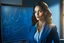 Placeholder: A pretty brown-haired, light-skinned woman in an elegant blue suit stands in a classroom in front of a blackboard with various charts and diagrams, in the sunlight