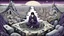 Placeholder: a nonbinary human figure crouched in middle of a multi-layered thick amorphous block of stone consisting of several layers, around weird whimsical landscape city in the distance, pale eyes, pale hands faint human figures, dark purple, gray, black, white, brown. Whimsical style of Chagall , of Minjae Lee and Anton Semenov, lonely with absurd broken land, neuron network background, surreal vibe