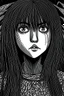 Placeholder: create a horror manga illustration of a dark haired, savage vampire girl with highly detailed , sharply defined feminine facial features, in a chaotic, turbulent, otherworldly London in the manga style of Junji Ito, precisely drawn, inked, with dramatic edges,