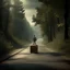 Placeholder: a lonely figure with a suitcase, leaving a metropole, on a road, into a forest, photo quality