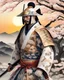 Placeholder: Fascinating portrait of male samurai in exquisite ukiyo-e porcelain armor, adorned with delicate floral motifs, harmonious combination of soft whites and earthy tones, powerful pose, with samurai helmet, imposing presence accentuated by the grip of a magnificent white porcelain katana . Ukiyo-e inspired landscape, golden sunset and Sakura trees create a captivating cinematic atmosphere