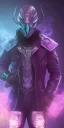 Placeholder: purple galaxy masked super villain, weapons in hands, teal and purple smoke, full portrait, hyper realistic, 4k