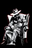 Placeholder: western styles man with hat (wide flat brim flat top) shading face, wearing a gas-mask, sitting forward on a wingback chair while leaning in to intimidate a man tied to a chair, vignette, black and white graphic novel style with a red outline on black background, gothic horror