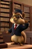 Placeholder: 3d animated chipmunk, she is a lawyer and professionally dressed