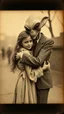 Placeholder: An old picture style of white and brown and very bad quality old Kodak camera with cracks of a beautiful girl hugging an Alien who is wearing a suit, the year 1900