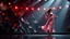 Placeholder: a 3d fractal stage structre made of metallic dark color 3d structures, pertty artistc background,dynamic lights,a beautiful lady in pretty maxi skirt and blouse dancing on stage