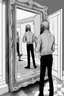 Placeholder: a man looking into a mirror and seeing a horrifying, abstract monstrous reflection