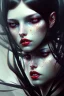 Placeholder: girl, cute, beautiful, white eyes,blind, red lips, black hair with bangs, goth, close up portrait by Greg Rutkowski