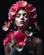 Placeholder: Portrait of a futuristic Goddess of beautiful flowers from the front, a meter away on a dark dark background.