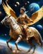 Placeholder: Realistic photography from far , front view of a beautiful female angel with dressed in traditional Javanese clothing riding a golden horse-drawn carriage, flying in space, a galaxy surrounded by planets