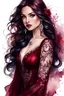 Placeholder: watercolor beautiful young woman in a burgundy dress with lace with a ruby ring in a burgundy dress, on a white background, sleeve with lace, long black wavy hair, tattoos, well-drawn eyes, five fingers on the hand, Trending on Artstation, {creative commons}, fanart, AIart, {Woolitize}, by Charlie Bowater, Illustration, Color Grading, Filmic, Nikon D750, Brenizer Method, Side-View, Perspective, Depth of Field, Field of View, F/2.8, Lens Flare, Tonal Colors, 8K, Full-HD, Pr