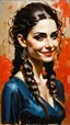 Placeholder: highly detailed, full body oil painting, petite, shyly smiling, woman of Spanish and Lebanese heritage with long dark hair in a single braid, sharply defined angular facial features, anatomic perfection, by Andrea Kowch> <Yoji Shinkawa><Arthur Rackham> <Jean-Giraud Moebius, saturated vibrant natural color tones, precisely drawn and inked, 8k resolution