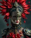 Placeholder: Voidcore shamanism woman portrait adorned with voidcore samanism red and black gladiolus headdress wearing metallic irridescent bioluminescense red and vantablack decadent filigree Golden floral embossed gladiolus dress armour ribbed with mineral stones wearing half face metallic rococo masque organic bio spinal ribbed detail of transculent metric pearl shell colour petals glittering Extremel detailed hyperrealistic maximálist concept portrait art