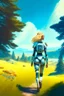 Placeholder: woman in a skin tight spacesuit, with blond hair in a pigtail, walking towards a spaceship, back to the camera, on a path, wooded landscape in the distance, blue sky