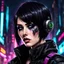 Placeholder: cyberpunk female scout, black jacket, black hair, pixie haircut, dark eyeshadow, dark eyeliner, hellscape background