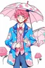 Placeholder: kind sailor, man, red slightly curly hair, long jacket, pink-azure clothes, pink-azure cocked hat, white floral pattern on the jacket, flower in the hair. Pink and blue umbrella.