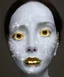 Placeholder: full head and shoulders, beautiful porcelain female person, smooth, delicate facial features, white detailed eyes, white lashes, 3 d white anatomical bones, large electrical gold sparks, gold leaf and glowing lightening, by daniel arsham and james jean