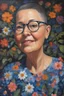 Placeholder: Oil paint on canvas, chiaroscuro, deep shadows, masterpiece, happy, 2020 caught off guard, 49-year-old Phyllis Kendall, short buzz-cut straight, dark salt and pepper hair, overweight, blue eyes, great big, round lensed eyeglasses, wearing a black, floral print, short-sleeved, pull-over shirt, dark blue sweatpants, sitting at the computer checking her emails