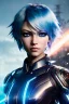 Placeholder: Cyborg anime warrior, light blue hair, short and messy hairstyle, blue eyes, waist up portrait, 16k resolution, intricate details, ornate details, soft lighting, vibrant colors, retroanime, masterpiece, intricate eyeliner, dark eyeshadow, eyes, intricate tattoos, futuristic cityscape background