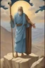 Placeholder: Moses stands on a mountain and holds a crooked wooden staff, at his feet are stone tablets on which the ten commandments of God are written, and below is a valley with the cities of Palestine where milk and honey flow. sand, palm and mountains. There is a silhouette of God in the sky. Everything is painted in oil painting with high-quality drawing of details