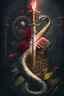 Placeholder: a sword and a snake coiling around the sword in the foreground. the sword is piercing through a burning heart. In the background, flowers. In a romance, dark fantasy, gothic style.