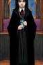 Placeholder: 7 year old boy, necromancer, friendly,wearing black robes, with the lower body of a genie, in the style of Harry Clarke