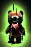 Placeholder: A maniacally laughing psycho evil teddy bear holding a knife, his one eyeball (made of a button and thread) hangs down his furry face, creepy, nightmarish, scary and surreal, the background is a bloody hallway erupted with bright neon green flames, animatronic, cartoonist, absurdist, exaggerated, character design, horror cut v.I, horror art, five nights at Freddy, similar art to chucky, garbage art, graphic novel illustration style, videogame art, post modern cartoon, trending on artstation, Ka