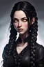 Placeholder: Young beautiful female Hexblood character . Bright glowing pale eyes. Long, thick, silky jet-black hair reaching her waist, with a center part and two loose Dutch braids starting at her temples, flowing into the rest of her straight hair. A few soft strands frame her face.