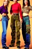 Placeholder: year 1997 denim fashion, "combat pants", cargo, Loose fit, low waist, baggy. Colors: denim blue, blue, purple, khaki, light green, lilac, plum, orange, terracotta, red, pink, dark blue, beige. Patterns: cheetah, balls, stripes. cheetah belt. Women models. Sharon Stone, Sandra Bullock, Winona Ryder, Milla Jovovich, Big tennis shoes on. Latex in small part, areas, clothes..Combat pants. Leg warmers.