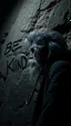 Placeholder: A hand writing On cave wall written “BE KIND “an old man with bear and king hair died by the cave wall , a dim lighting great quality picture with primitive style
