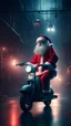 Placeholder: Si-Fi, Santa on a scooter atmospheric lighting effects, intricate industrial details, moody atmosphere, eerie grimdark ambiance, complex motherboard accents, speculative fiction art. Bokeh