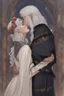 Placeholder: A couple from the dnd game curse of Strahd kissing. She has white hair he has long black hair. Romantic, sweet, loving.