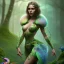 Placeholder: upper body of yohan diniz, fast walker, as a young cute feminine woman, short hair, green forest background, oozy stream of liquid, mega flowers, tiny birds of many colors,peacock