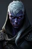 Placeholder: ancient warriors skin is of a very dark purple almost black, white short hair, undercut, piercing violet eyes, wearing leather clothing that also looks studded, realistic, digital art, high resolution, strong lighting, wearing a hood