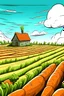 Placeholder: A cartoon drawing of a harvested field of carrots and in the background there is a wooden hut in the shape of a medium-sized carrot at daytime with a few clouds.