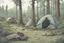Placeholder: campsite, tents, overgrown, post-apocalyptic, comic book, forest