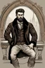 Placeholder: young man in mid 20's, medieval, fighter, russian, croocked nose, czar, rich, simple clothes, short messy hair, thick beard, oligarch, leather coat with fur, brocade clothes, pencil drawing, black or red hair, muscles, background frame